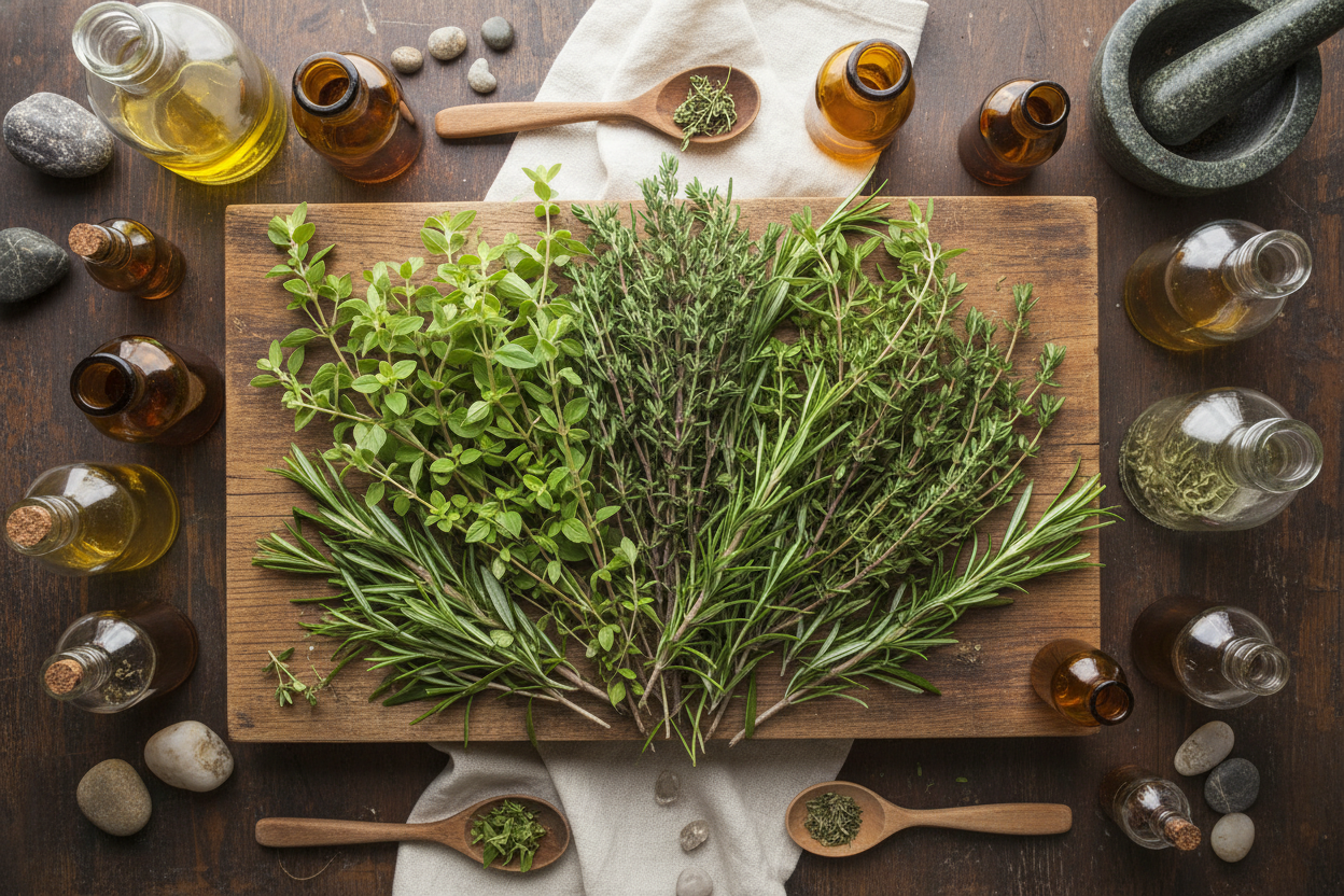Apothecary herbs - Oregano, Thyme, Tea Tree, and Rosemary